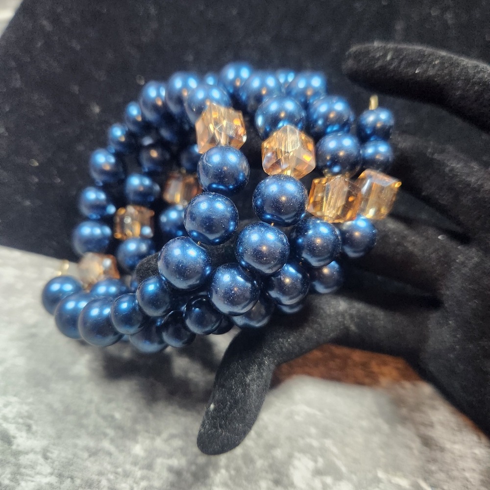 Blue glass Pearl and Amber Crystal Memory Wire Wrap Coil Bracelet